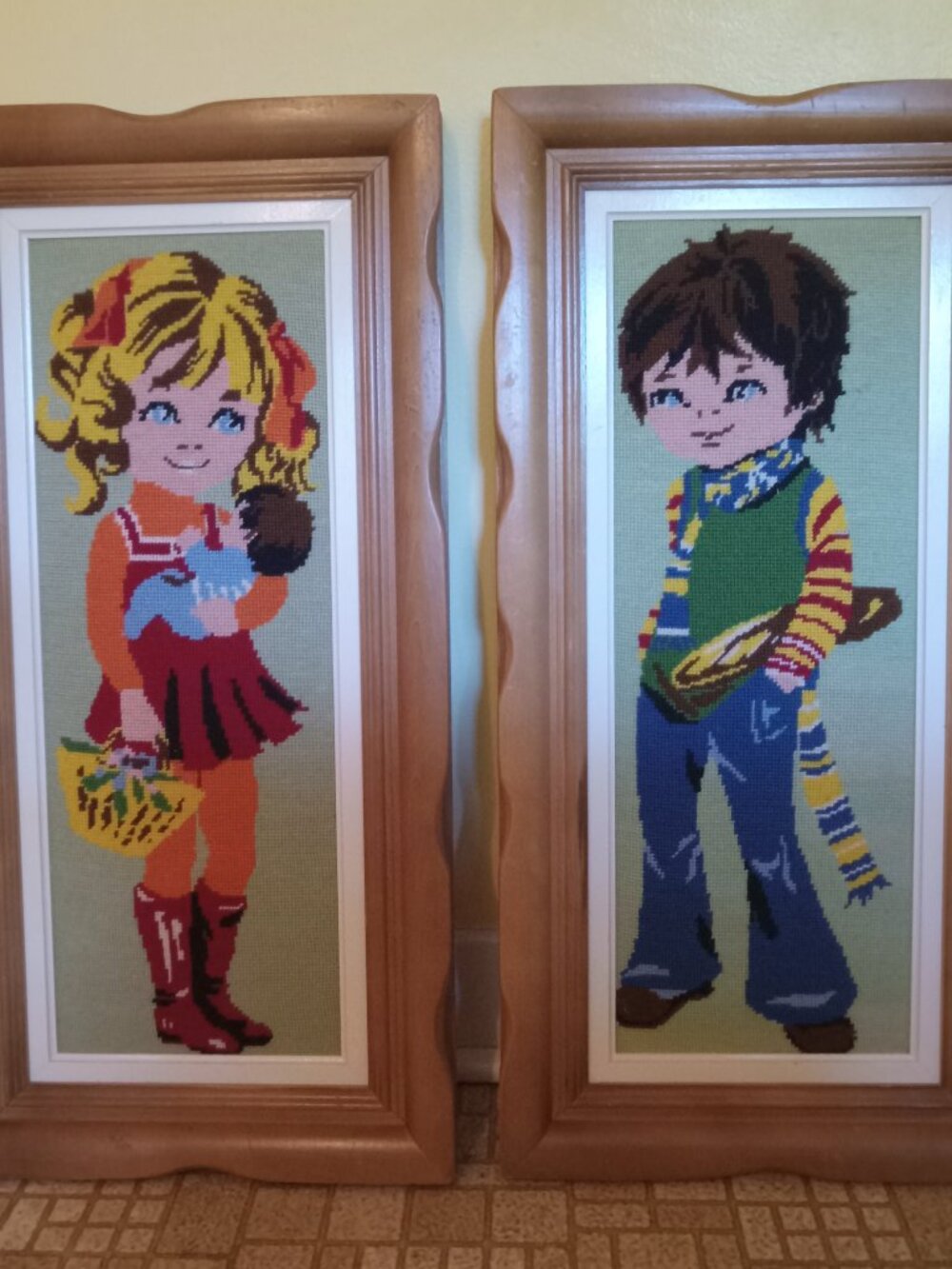 Pair of 2 big vintage framed needlepoint tapestry child 1970